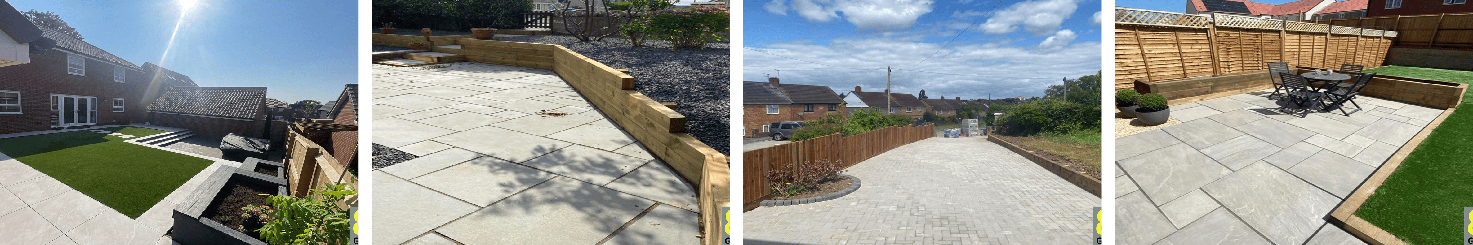 Modern backyard transformation with raised patio edging, artificial turf lawn, and seating area under a sunny sky
