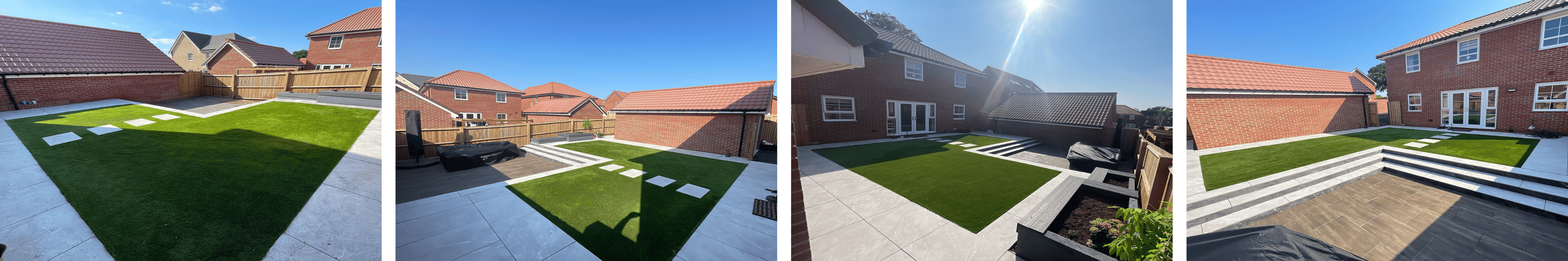 Spacious block-paved driveway sloping down from a residential street, bordered by wooden fencing and planting beds