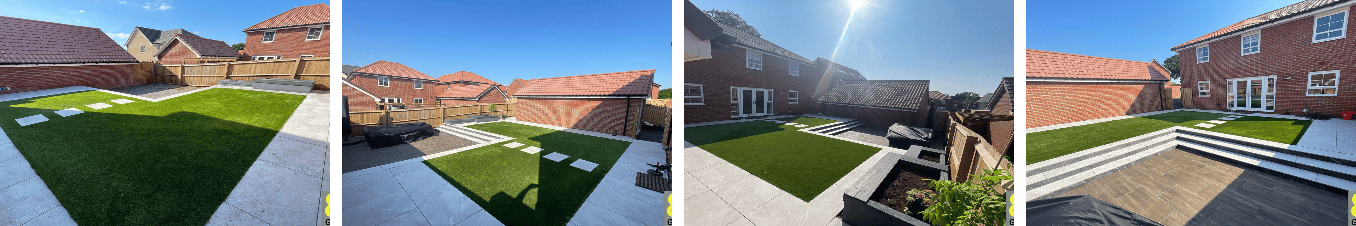 Spacious block-paved driveway sloping down from a residential street, bordered by wooden fencing and planting beds