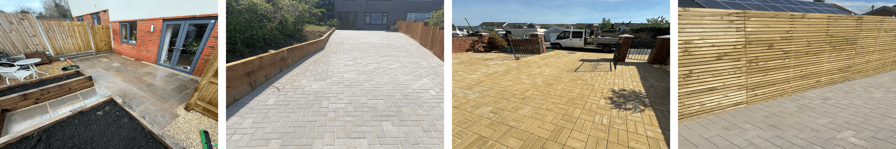 Contemporary patio area with large paving slabs, built-in turf border, wooden fence backdrop, and outdoor dining set