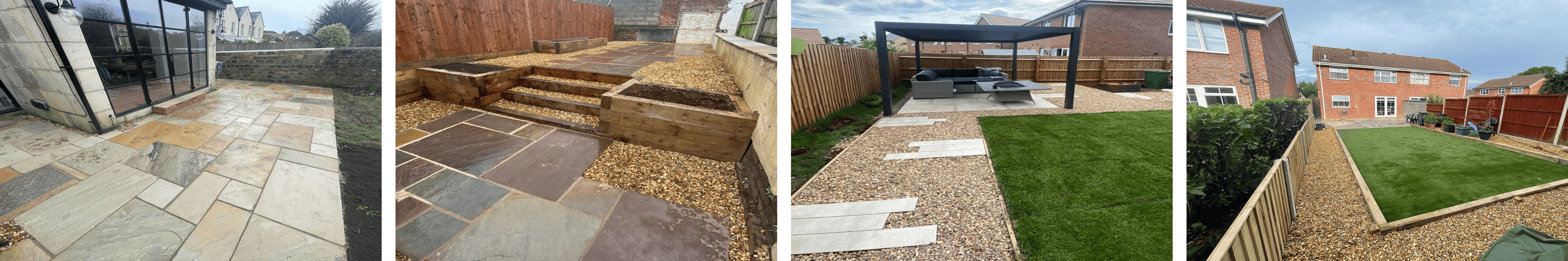 Modern backyard transformation with raised patio edging, artificial turf lawn, and seating area under a sunny sky