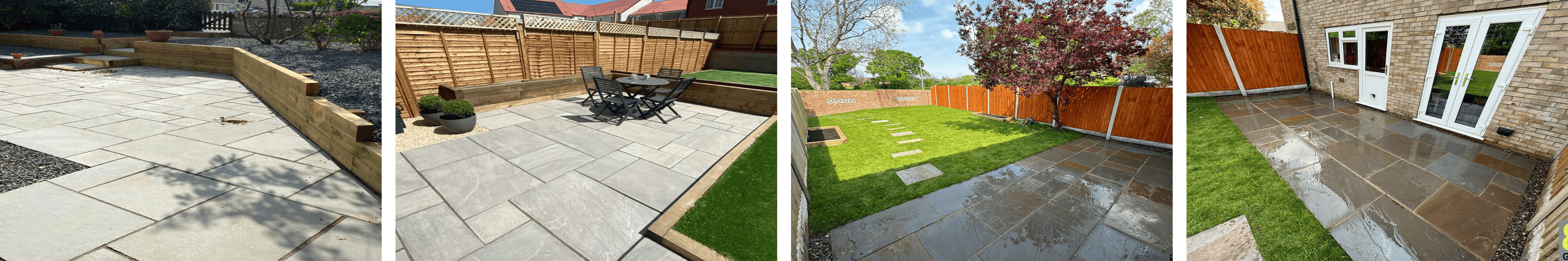 Newly installed light-coloured stone patio with timber sleeper retaining wall casting shadow patterns
