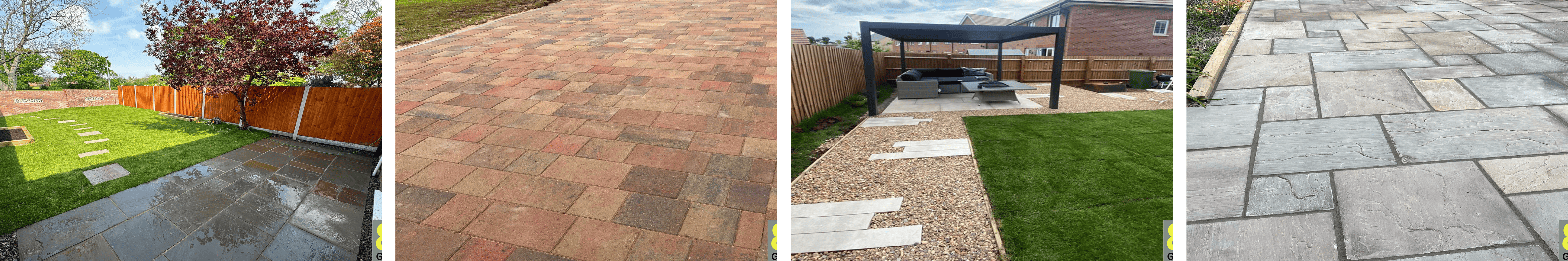 Newly installed light-coloured stone patio with timber sleeper retaining wall casting shadow patterns